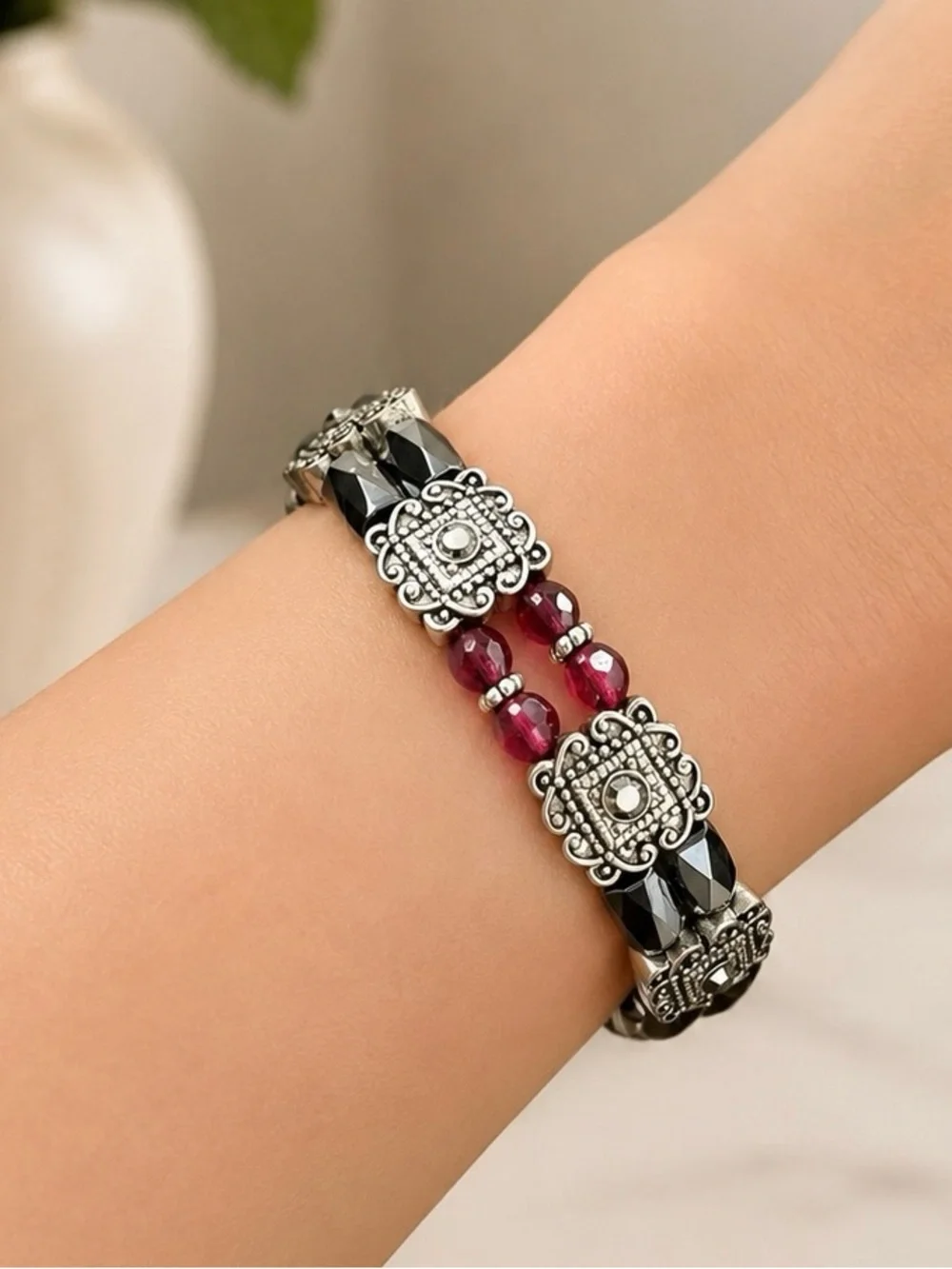 Black/Burgundy/Silver Magnetic Stretchy Bracelet - Picture 4 of 5